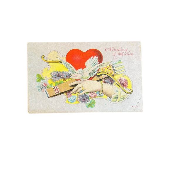 Antique 1916 Ephemera Valentine Greeting Postcard Heart Dove Bow Quiver Arrows - Picture 2 of 7